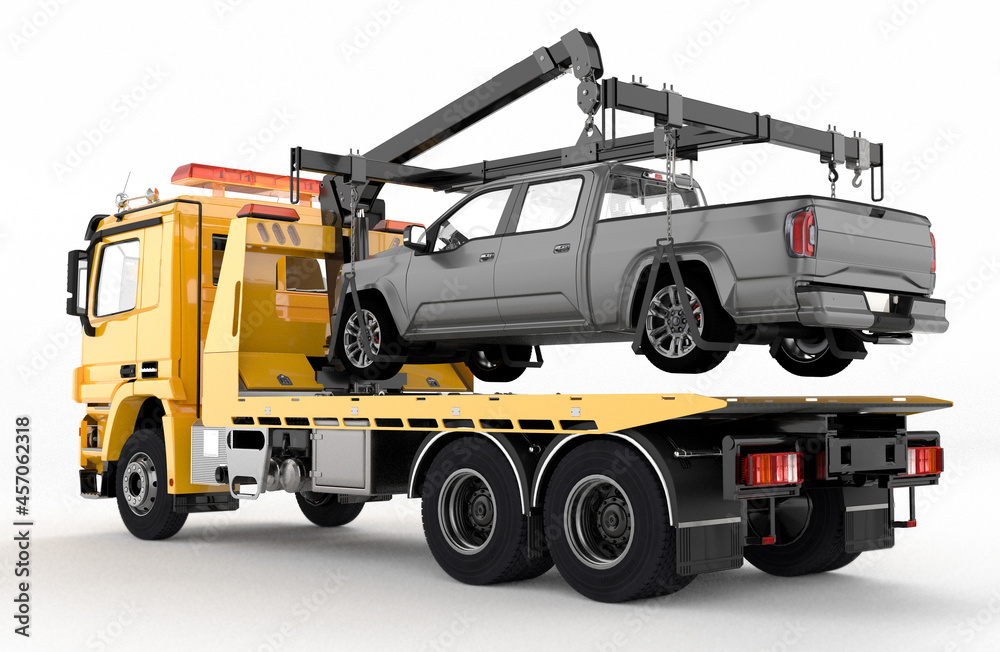 Tow truck with broken car on a white background