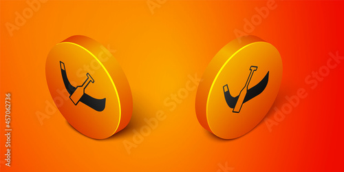 Isometric Gondola boat italy venice icon isolated on orange background. Tourism rowing transport romantic. Orange circle button. Vector