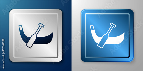 White Gondola boat italy venice icon isolated on blue and grey background. Tourism rowing transport romantic. Silver and blue square button. Vector