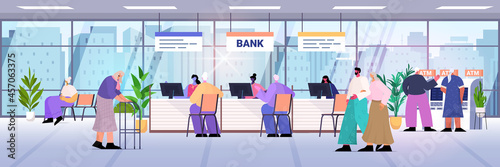 clients and consultants in modern bank assistants offering banking products to customers banking concept