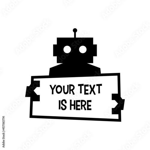 robot holding text sign paper cyborg automatic logo vector icon illustration