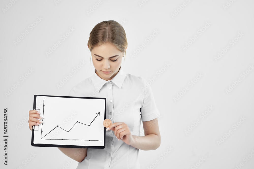 cheerful woman Bitcoin cryptocurrency in hands light background cheerful woman Bitcoin cryptocurrency in hands light background