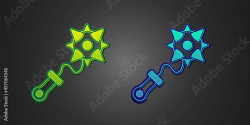 Green and blue Medieval chained mace ball icon isolated on black background. Morgenstern medieval weapon or mace with spikes. Vector