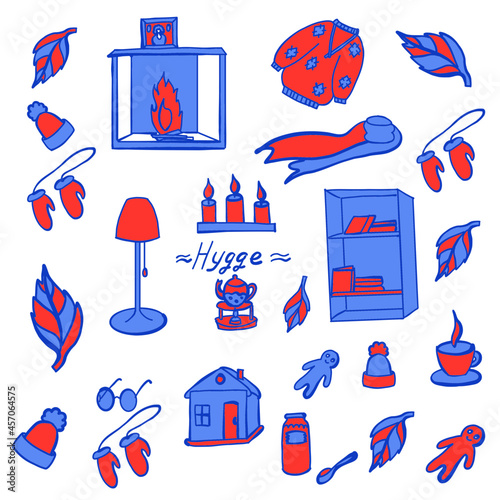 hugge, a mood of comfort and comfortable conviviality with a sense of well-being and satisfaction, a fireplace with a fire warms on cold days, knitted mittens, knitted socks,a knitted hat,a knitted sc