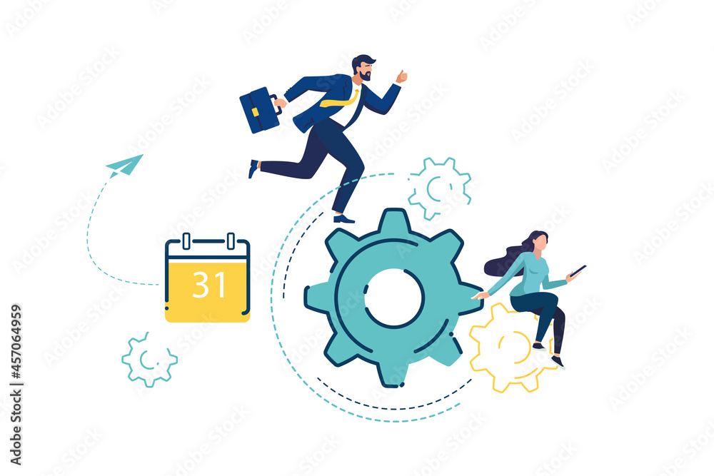 Sports businessman on a business treadmill with of gears. Concept of achieving business goal, man winner. Blue creative design, background. Social digital network, movement. Vector illustration icons Sports businessman on a business treadmill with of gears. Concept of achieving business goal, man winner. Blue creative design, background. Social digital network, movement. Vector illustration icons