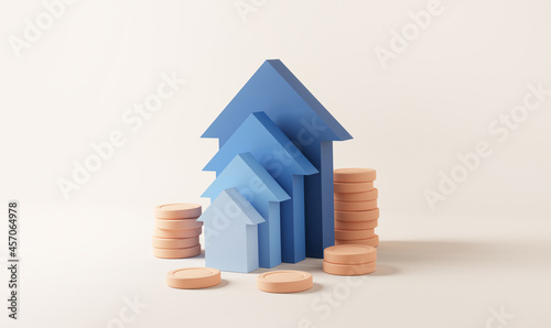 Blue up arrow and coin stacks on pastel background. Financial success and growth concept. copy space, 3d rendering photo