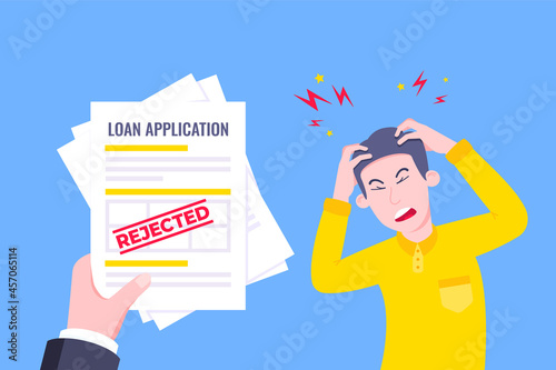 Sad man and rejected loan application form flat style design vector illustration. Bad credit reject form business concept.