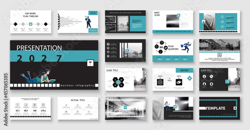 Business presentation, powerpoint, infographic design template blue, elements, white background, set. Start a business. A team of people creates a city business.Financial work in a team.Use of flyer