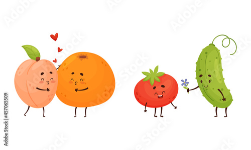 Cute Fruit and Vegetable Couples Kissing and Giving Flower Vector Set.
