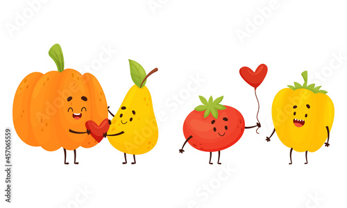 Cute Fruit and Vegetable Couples Holding Heart and Giving Balloon Vector Set
