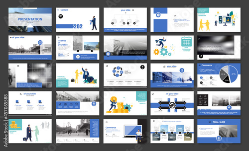Business presentation, launching a new business, financial annual report. Infographic design template, blue, black elements, white background, set. A team of people creates business, teamwork. App 