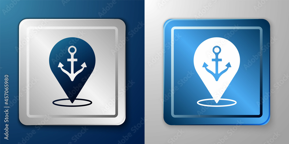White Map pointer with anchor icon isolated on blue and grey background. Silver and blue square button. Vector White Map pointer with anchor icon isolated on blue and grey background. Silver and blue square button. Vector