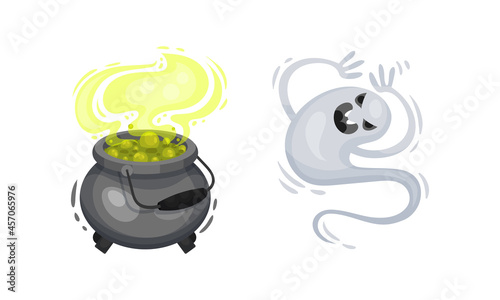 Ghost and Boiling Cauldron with Potion as Halloween Symbol Vector Set