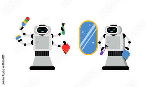 Housekeeping Robot Performing Domestic Chores Vector Set