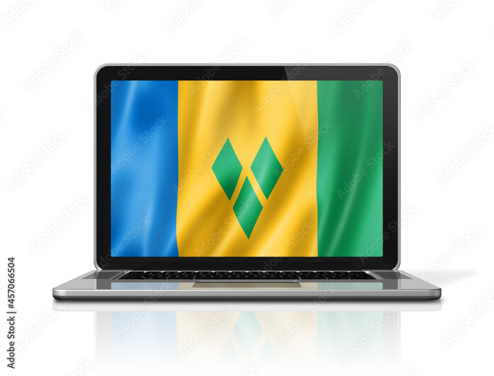 Saint Vincent and the Grenadines flag on laptop screen isolated on white. 3D illustration