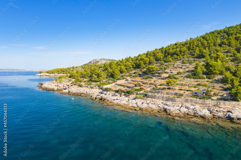 Shore of Murter island archipelago, aerial view, Dalmatia, Croatia