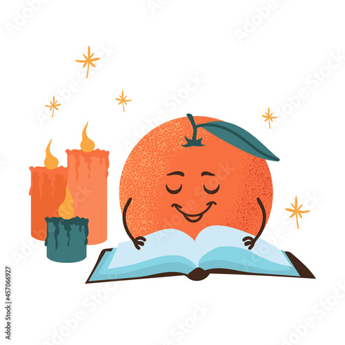 Cute cartoon character orange reading a book under christmas. Vector childrens illustration