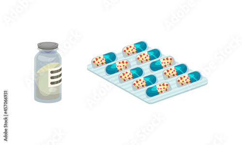 Vial with Powder and Blister Pack with Tablet or Pill as Pharmaceutical Medication Vector Set