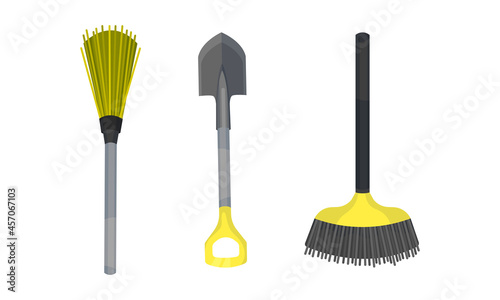 Shovel and Broom as Garden Tools and Equipment Vector Set