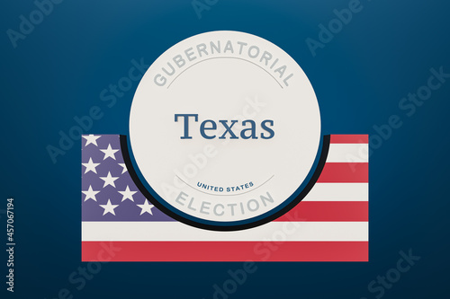 Texas gubernatorial election - Banner half framed with the flag of the United States on a block. Background blue. 3d illustration.