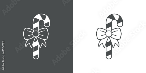 Logotipo candy cane de navidad. Icono plano silueta de bastón de caramelo con lazo de regalo con lineas en fondo gris y fondo blanco