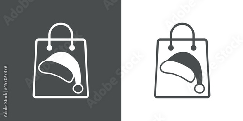 Regalos de Navidad. Logotipo con silueta de bolsa de la compra con gorro de Papá Noel con lineas en fondo gris y fondo blanco