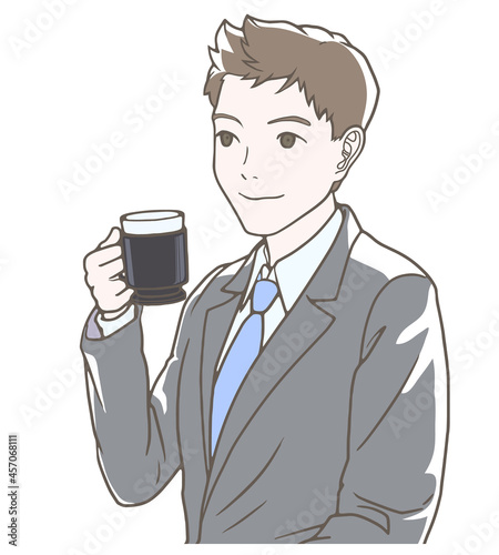 オフィスでコーヒー休憩をするビジネスマン、男性、バストアップ、カラー