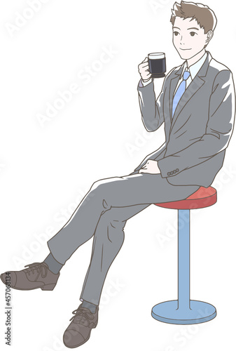 オフィスでコーヒー休憩をするビジネスマン、男性、カラー
