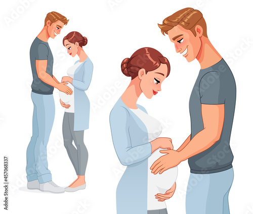 Happy pregnant couple expecting baby. Vector illustration.