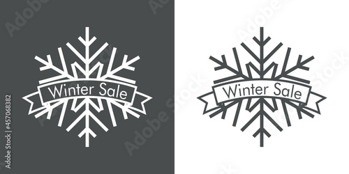 Regalos de Navidad. Logotipo con texto Winter Sale en cinta sobre copo de nieve en fondo gris y fondo blanco