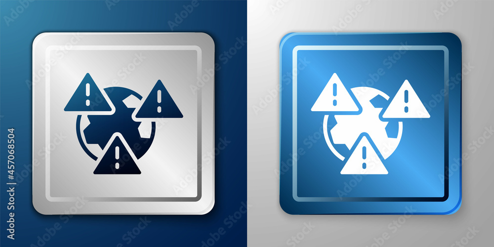 White Planet earth symbol with exclamation mark icon isolated on blue and grey background. Global earth, Exclamation mark danger. Silver and blue square button. Vector