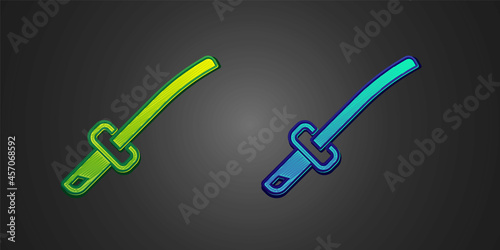 Green and blue Traditional Japanese katana icon isolated on black background. Japanese sword. Vector
