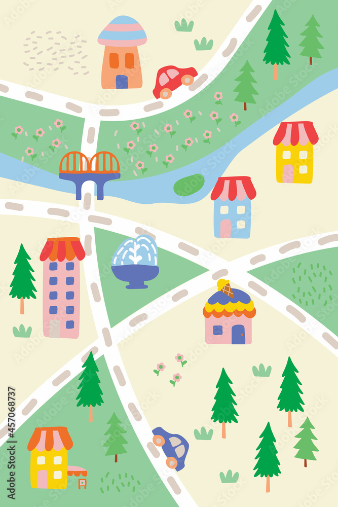 Cute city map pattern, wallpaper for kids, illustration for preschool, hometown background, landscape with house and tree, city map collections.
