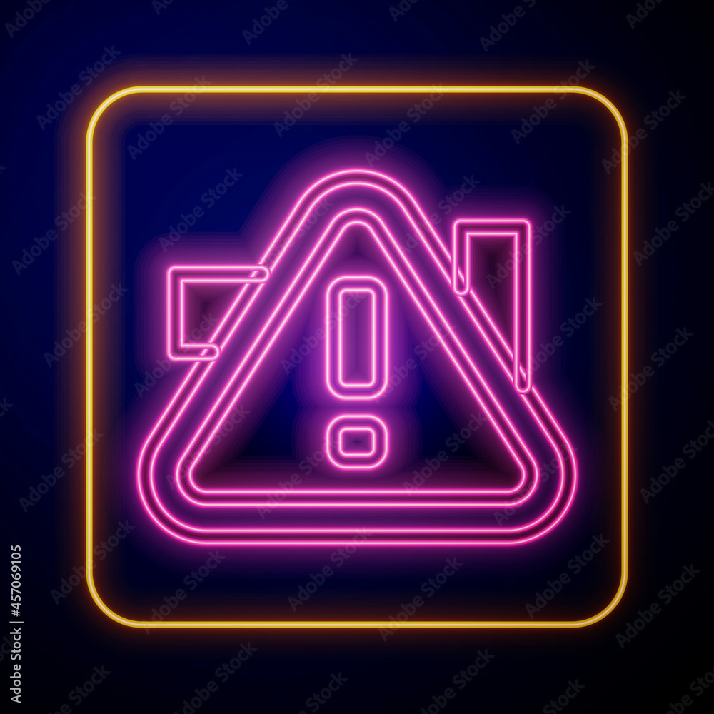 Glowing neon Exclamation mark in triangle icon isolated on black background. Hazard warning sign, careful, attention, danger warning important. Vector Glowing neon Exclamation mark in triangle icon isolated on black background. Hazard warning sign, careful, attention, danger warning important. Vector