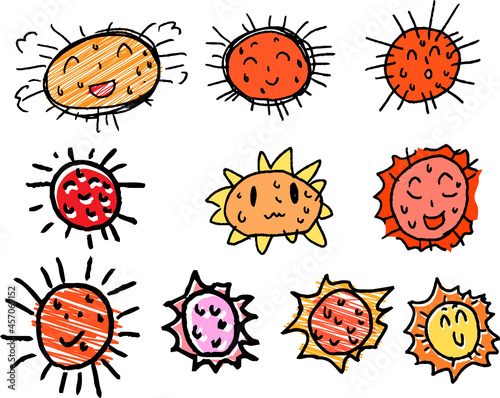 子供が描いた汗っかき太陽のかわいい落書き 猛暑 熱射病 セット