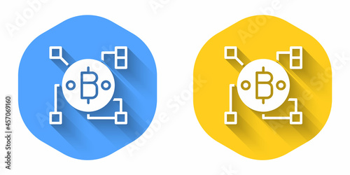 White Blockchain technology Bitcoin icon isolated with long shadow background. Abstract geometric block chain network technology business. Circle button. Vector