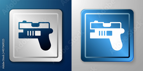 White Futuristic space gun blaster icon isolated on blue and grey background. Laser Handgun. Alien Weapon. Silver and blue square button. Vector