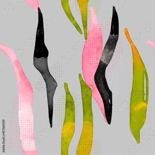 Gray seamless background with ribbon objects of handmade watercolor stripes. Fashionable youth handmade texture for wallpaper, fabric and decor.