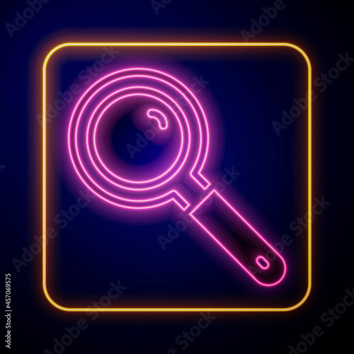 Glowing neon Magnifying glass icon isolated on black background. Search, focus, zoom, business symbol. Vector