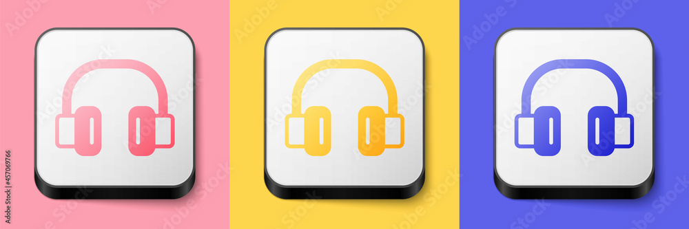 Isometric Headphones icon isolated on pink, yellow and blue background. Earphones. Concept for listening to music, service, communication and operator. Square button. Vector Isometric Headphones icon isolated on pink, yellow and blue background. Earphones. Concept for listening to music, service, communication and operator. Square button. Vector