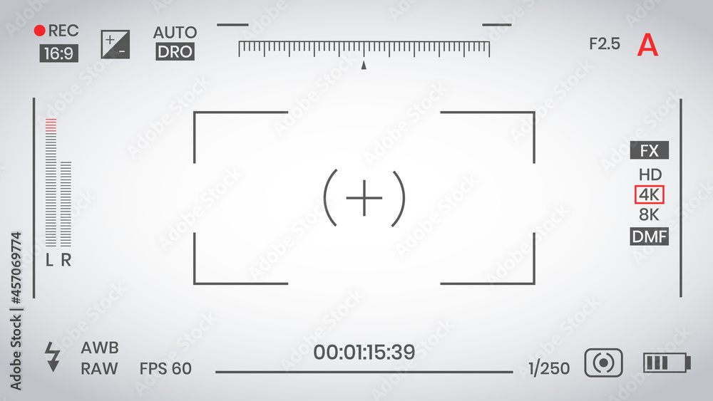Camera viewfinder video or photo frame recorder flat style design vector illustration. Digital camera viewfinder with exposure settings and focusing grid template.