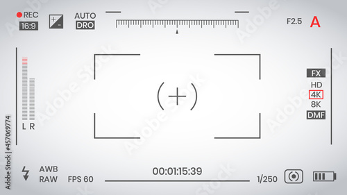 Camera viewfinder video or photo frame recorder flat style design vector illustration. Digital camera viewfinder with exposure settings and focusing grid template.