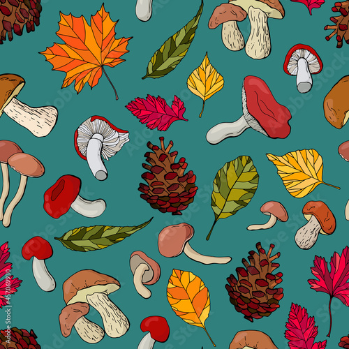 Autumnal seamless pattern with mushrooms, acorns, pine cones and leaves. Design for fabric, textile, wallpaper, packaging.