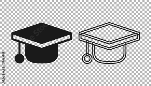 Black Graduation cap icon isolated on transparent background. Graduation hat with tassel icon. Vector