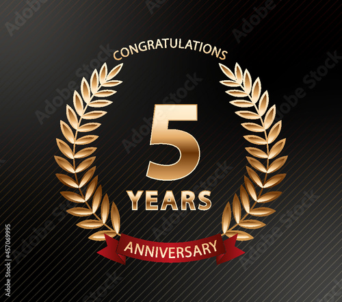 5 years anniversary golden laurel wreath. Anniversary celebration logo. Vector illustration Editable