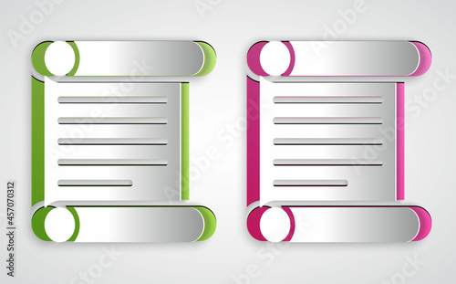 Paper cut Decree, paper, parchment, scroll icon icon isolated on grey background. Paper art style. Vector