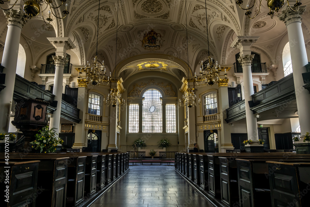 LONDON, UK - APR 19, 2019 : St Martin in the Field church interior at the north-east corner of Trafalgar Square.