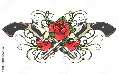 Two Guns and Roses with Thorns Tattoo