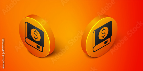 Isometric Financial book icon isolated on orange background. Orange circle button. Vector