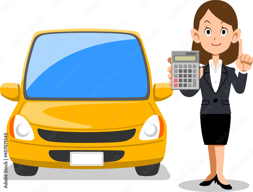 計算機を見せるスーツの女性と車
計算機を見せるスーツの女性と車